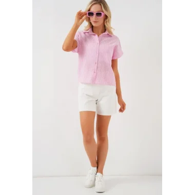Çizgili Kısa Kol Gömlek 20324 - Pembe