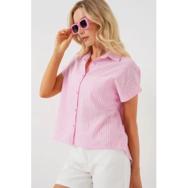 Çizgili Kısa Kol Gömlek 20324 - Pembe