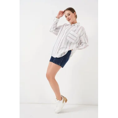 Çizgili Oversize Gömlek 20278 - B.Beyaz