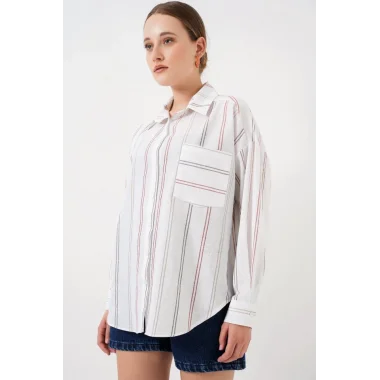 Çizgili Oversize Gömlek 20278 - B.Beyaz