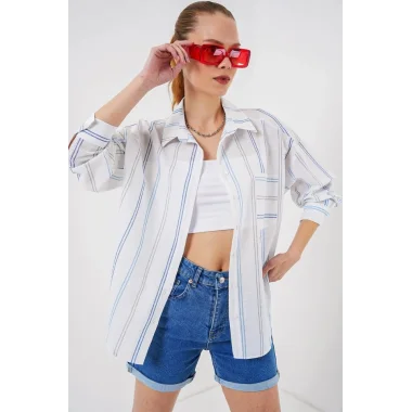 Çizgili Oversize Gömlek 20278 - Beyaz