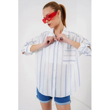 Çizgili Oversize Gömlek 20278 - Beyaz