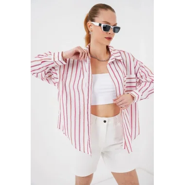 Çizgili Oversize Gömlek 20278 - Kırmızı