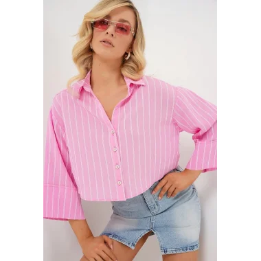 Çizgili Oversize Kısa Gömlek 20326 - Pembe