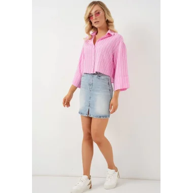 Çizgili Oversize Kısa Gömlek 20326 - Pembe