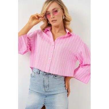 Çizgili Oversize Kısa Gömlek 20326 - Pembe