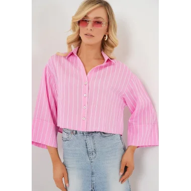 Çizgili Oversize Kısa Gömlek 20326 - Pembe