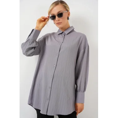 Çizgili Uzun Gömlek Tunik 5963 - Gri