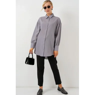 Çizgili Uzun Gömlek Tunik 5963 - Gri