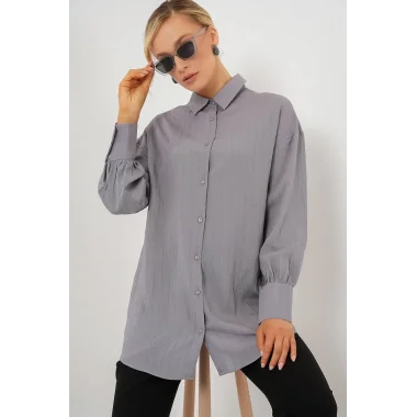 Çizgili Uzun Gömlek Tunik 5963 - Gri