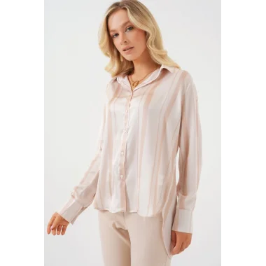 Çizgili Uzun Saten Gömlek 20291 - Bej
