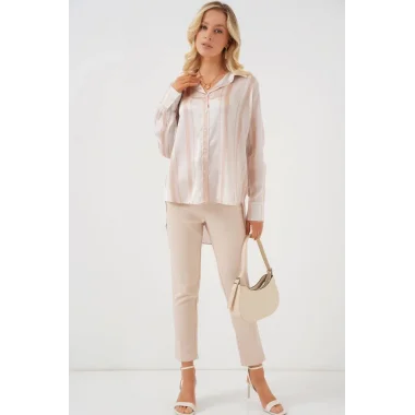Çizgili Uzun Saten Gömlek 20291 - Bej