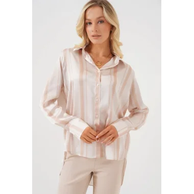 Çizgili Uzun Saten Gömlek 20291 - Bej
