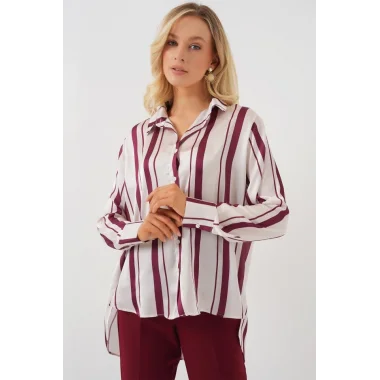 Çizgili Uzun Saten Gömlek 20291 - Bordo