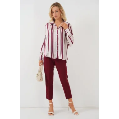 Çizgili Uzun Saten Gömlek 20291 - Bordo