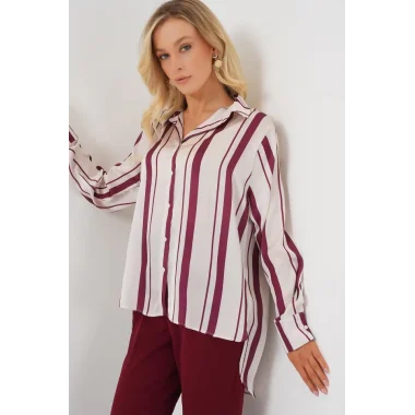 Çizgili Uzun Saten Gömlek 20291 - Bordo
