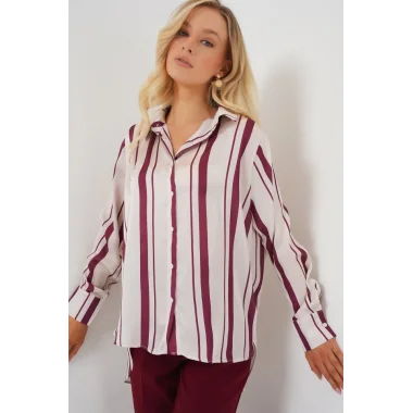 Çizgili Uzun Saten Gömlek 20291 - Bordo