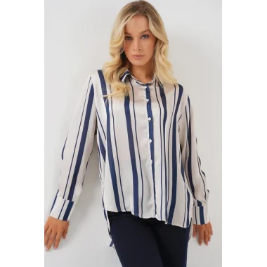 Çizgili Uzun Saten Gömlek 20291 - Lacivert