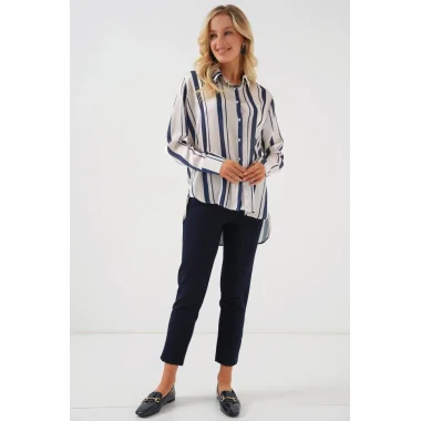 Çizgili Uzun Saten Gömlek 20291 - Lacivert