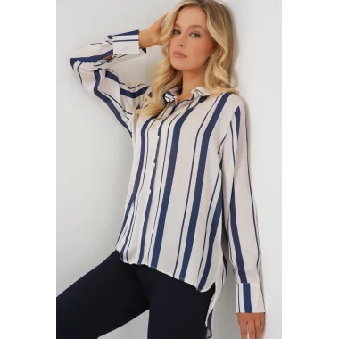 Çizgili Uzun Saten Gömlek 20291 - Lacivert