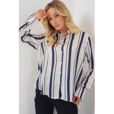 Çizgili Uzun Saten Gömlek 20291 - Lacivert