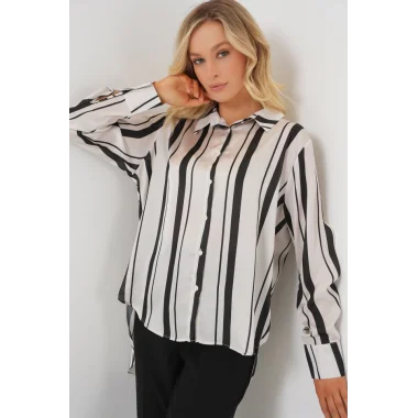 Çizgili Uzun Saten Gömlek 20291 - Siyah