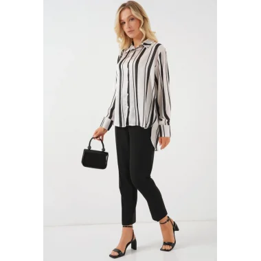 Çizgili Uzun Saten Gömlek 20291 - Siyah