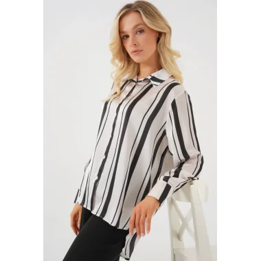 Çizgili Uzun Saten Gömlek 20291 - Siyah