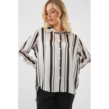 Çizgili Uzun Saten Gömlek 20291 - Siyah