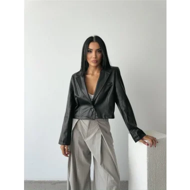 DERİ CROP CEKET TEK DÜĞME - Siyah