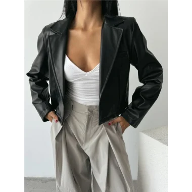 DERİ CROP CEKET TEK DÜĞME - Siyah