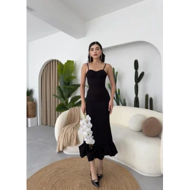 Dominic Eteği Büzgülü Midi Boy Elbise