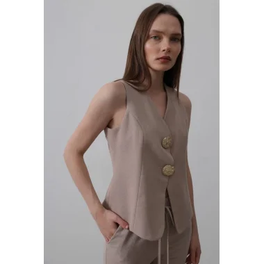 Düğme Detaylı Yelek - Vizon