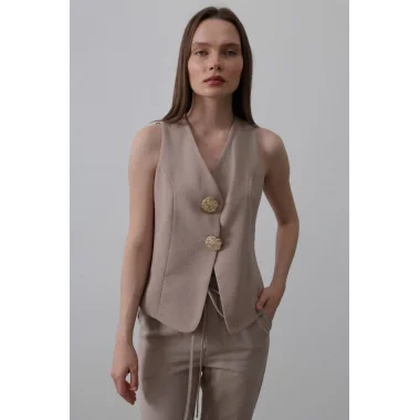 Düğme Detaylı Yelek - Vizon