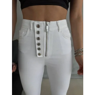 DÜĞME VE FERMUARLI KOT PANTOLON - Beyaz