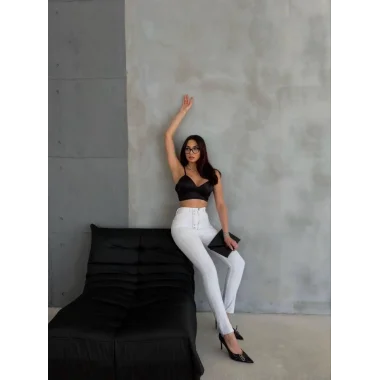 DÜĞME VE FERMUARLI KOT PANTOLON - Beyaz