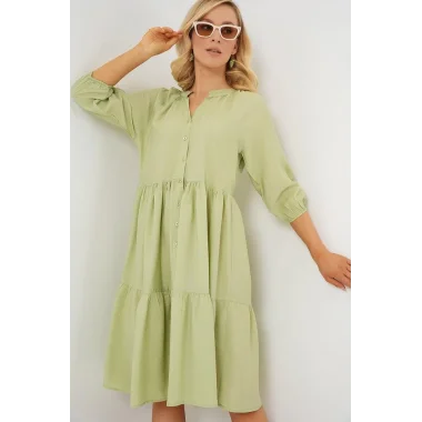 Düğmeli Kısa Kol Elbise 2559 - E.Yeşil