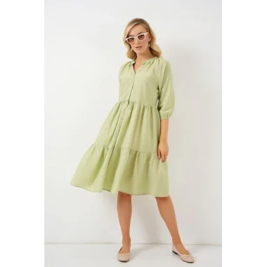 Düğmeli Kısa Kol Elbise 2559 - E.Yeşil