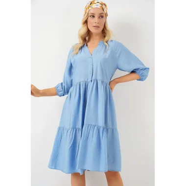 Düğmeli Kısa Kol Elbise 2559 - İndigo