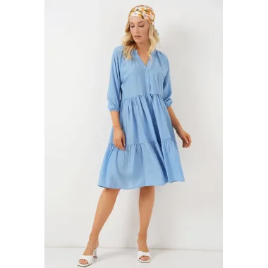 Düğmeli Kısa Kol Elbise 2559 - İndigo