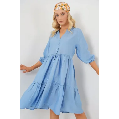 Düğmeli Kısa Kol Elbise 2559 - İndigo