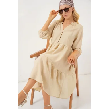 Düğmeli Kısa Kol Elbise 2559 - Krem