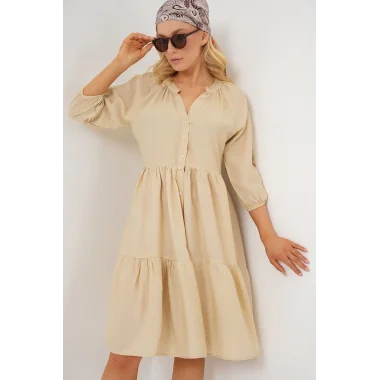 Düğmeli Kısa Kol Elbise 2559 - Krem