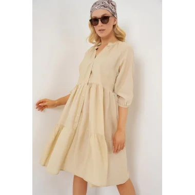 Düğmeli Kısa Kol Elbise 2559 - Krem