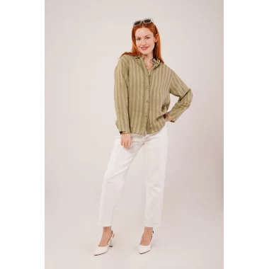 Düğmeli Ve Çizgi Detaylı Yeşil Gömlek