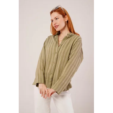 Düğmeli Ve Çizgi Detaylı Yeşil Gömlek