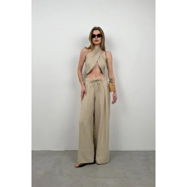 Düşük Bel Oversize Keten Pantolon