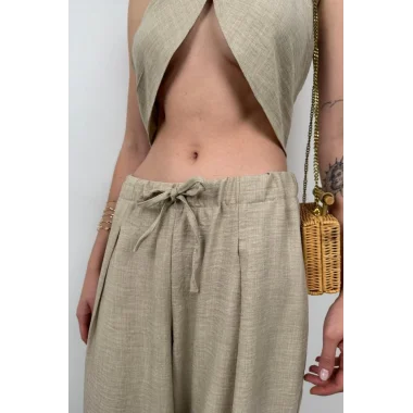 Düşük Bel Oversize Keten Pantolon