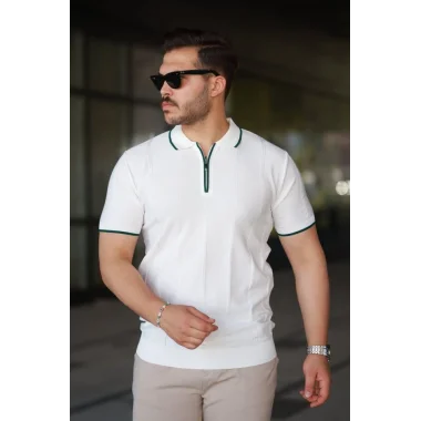 Erkek Dikey Kabartmalı Örgü Dokulu Fermuar Yakalı Tişört