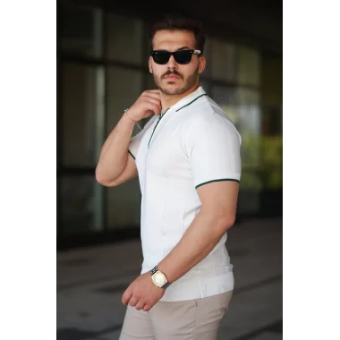 Erkek Dikey Kabartmalı Örgü Dokulu Fermuar Yakalı Tişört